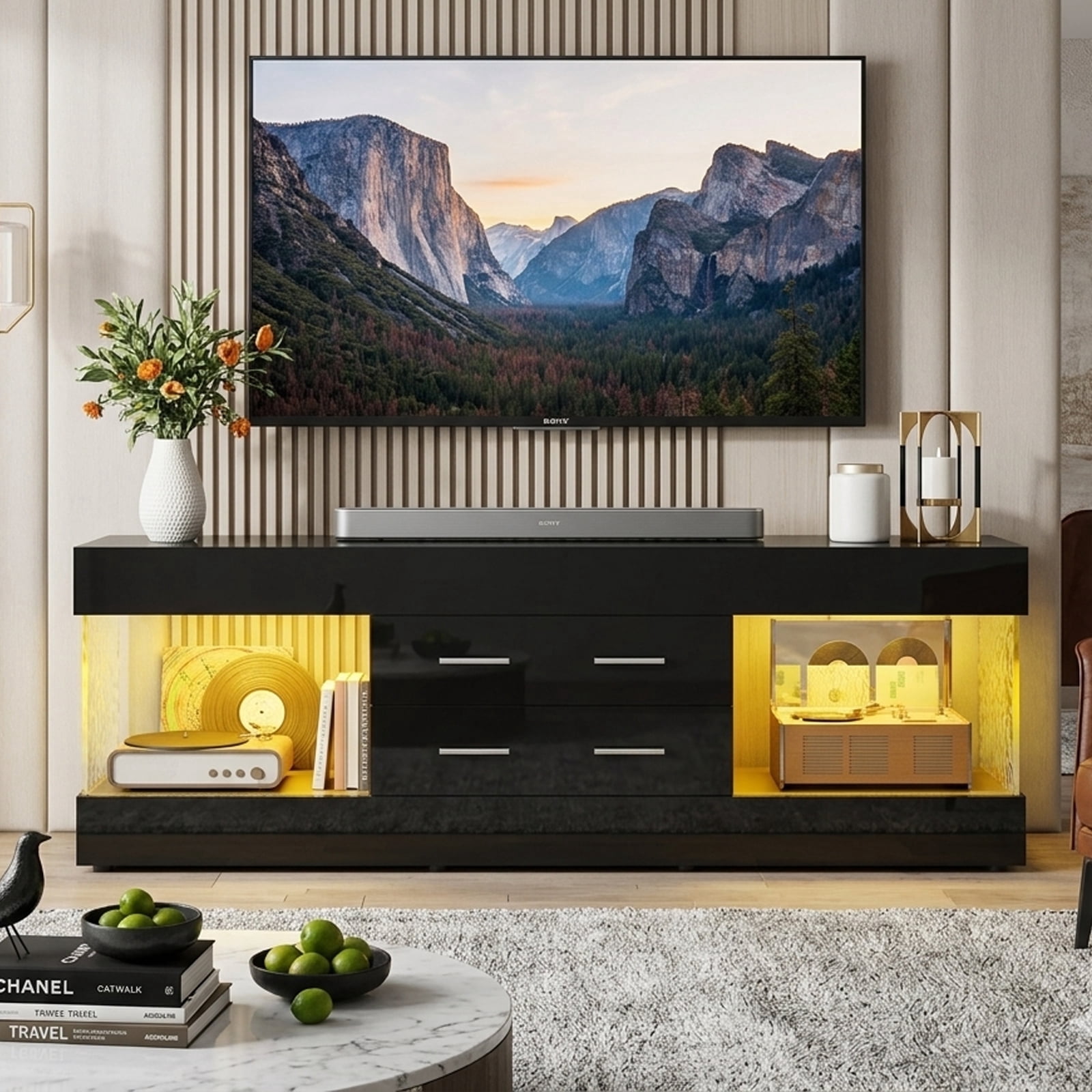 Bestier Black TV Stand for TVs up to 65", Modern High Gloss Entertainment Center for TVs with LED Light, TV Console Table with 2 Storage Drawers