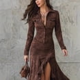 thumbnail image 3 of Women Brown Suede Western Two Piece Outfit Button Down Shirt Ruched High Slit Flowy Maxi Skirt Set, 3 of 5