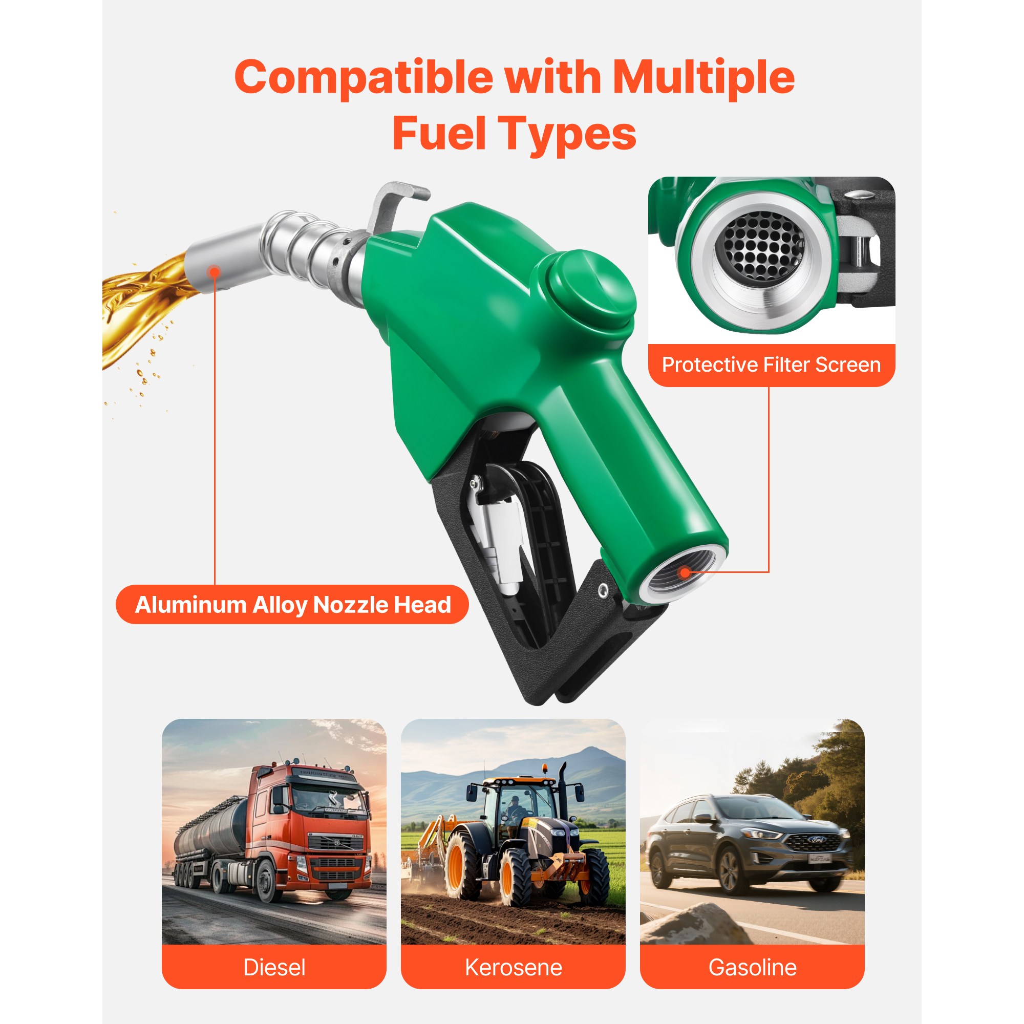 KFFKFF 1-Inch NPT Automatic Fuel Nozzle with Auto Shut-Off, 21.6 GPM Max Flow Rate, 3-Speed Trigger Lock, and 1-3/16 Inch Spout for Gasoline, Diesel, and Kerosene, Green