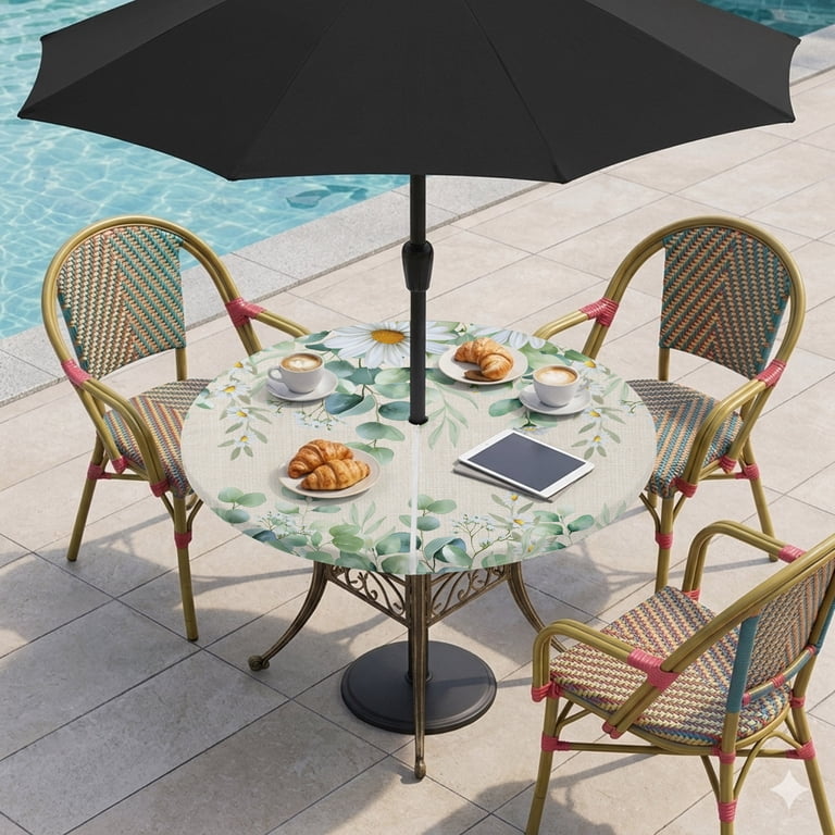 flowered 54 round patio table cover with umbrella hole Btrlexp Palm Leaves Outdoor Tablecloth Zipper Elastic Outdoor Waterproof Fitted Tablecloth for Picnic Party Fits 40-44