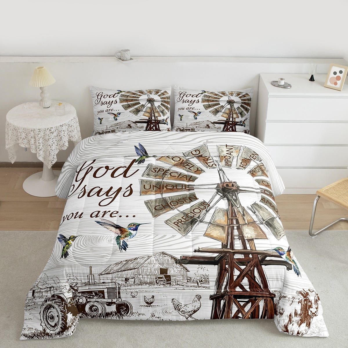Farmhouse Windmill Comforter Set, Rustic Hummingbird Bedding Set , Farm Cow Rooster Animal Bedding Comforter Sets Western Vintage Wooden Barn Quilt Farmhouse Gifts For Women, Full