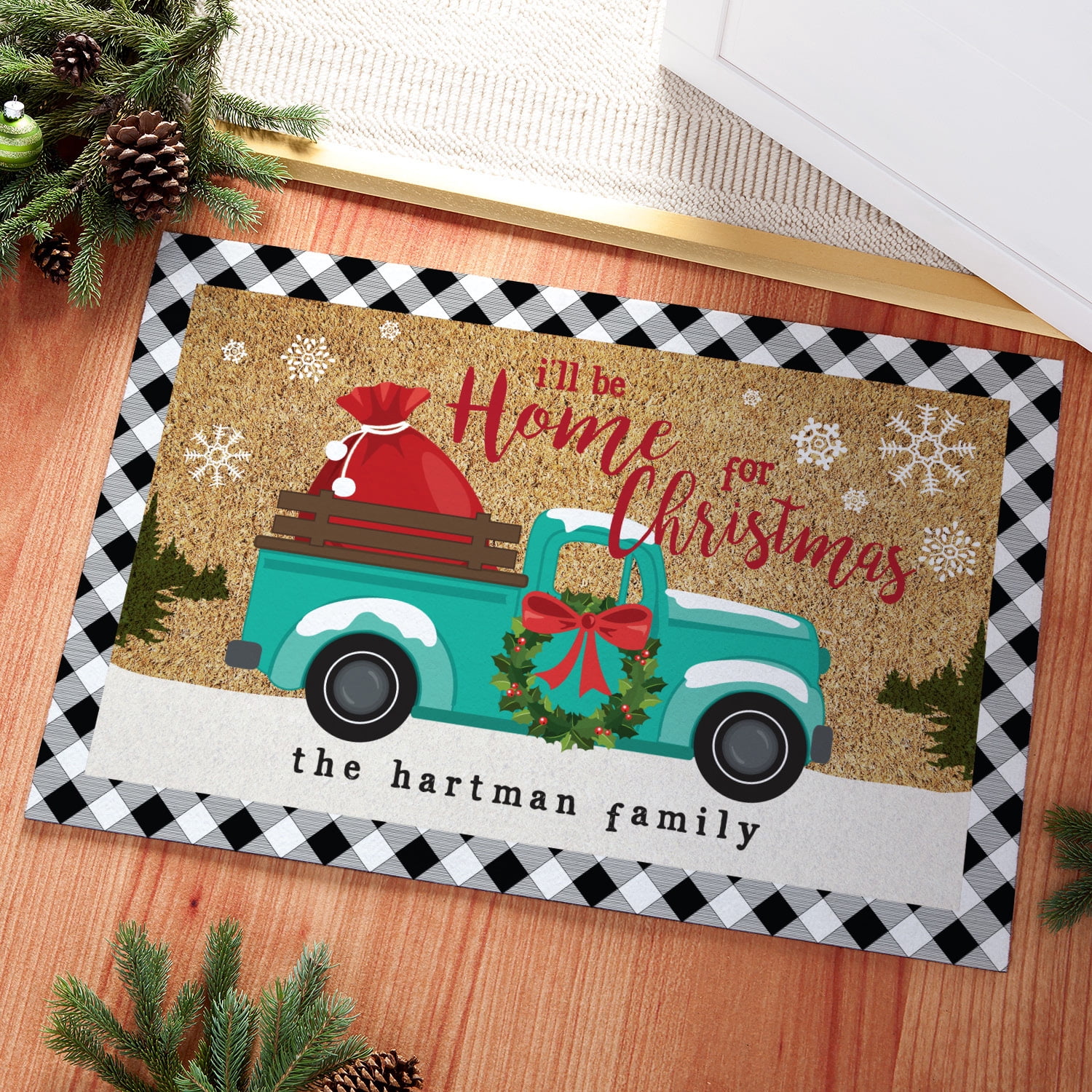 Personalized Planet 27x18 I'll Be Home For Christmas with Santa Sack in Vintage Pickup Truck Doormat with Custom Family Name Printed on Rectangular 1/8” Thick Non Slip Mat for Kitchen Deck or Porch