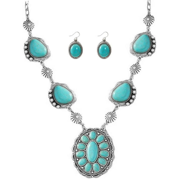 Exaggerated Turquoise Jewelery Set for Women Dangle Earring Pendant Choker Necklace Long Oxidized Silver Daisy Bohemian Bollywood Vintage Western Cowgirl Jewelry Holiday Christmas Wedding Party