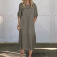 thumbnail image 2 of UsYezik Women's Dress Cotton Linen Long T-Shirt Midi Dresses V Neck 3/4 Sleeve Solid Flowy Vacation Dress Coffee XXL, 2 of 5