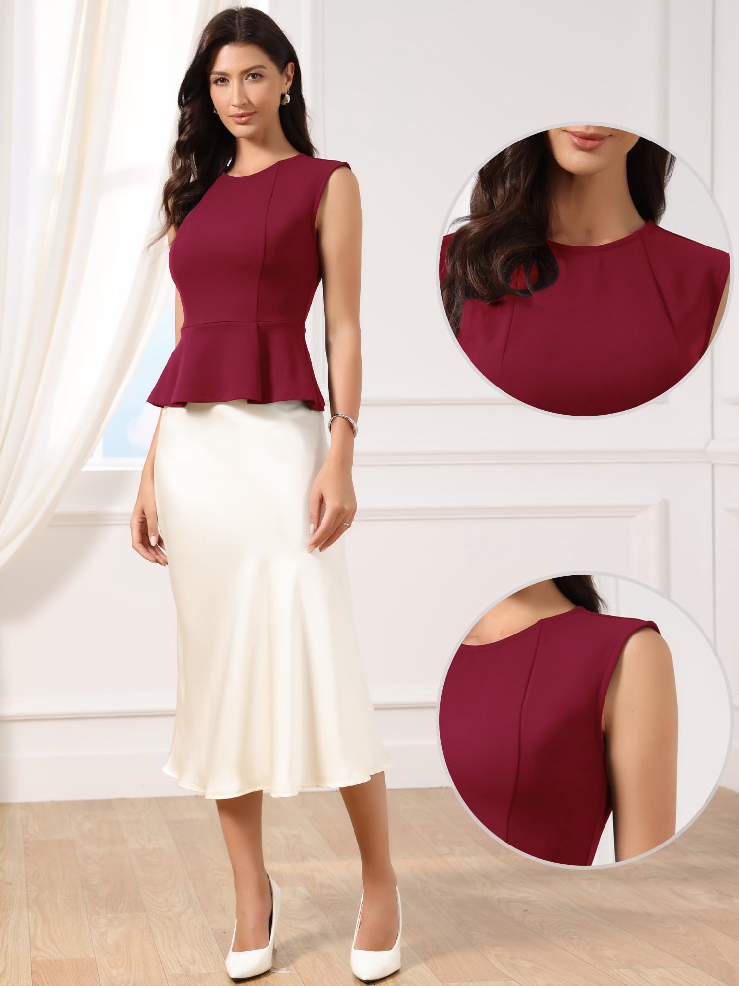 DARING DIVA Women's Peplum Crew Neck Sleeveless Babydoll Vest Blouses L Burgundy