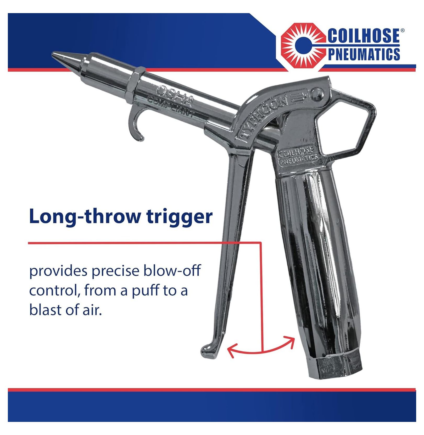 Blow Gun High Volume - 1/4 Inch NPT Plated Air Blow Gun, 34 CFM, 2.1 lbf Thrust, Variable Flow Control for Industrial Cleaning & Blow Off