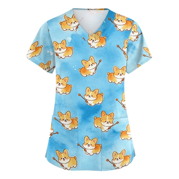 Scrub Shirts for Women Vibrant Cartoon Animals Pattern Loose Short Sleeve Healthcare Workwear Daily Tops