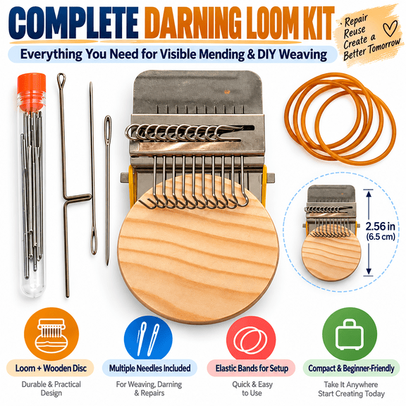 Knit Patch Kit, 12-Needle Darning Loom for Beginners, Mini Darning Kit for Repairing Holes, Tears and Worn Fabric in Clothes, Bags and Other Textiles