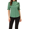 thumbnail image 1 of Blusa de cuello alto con botones y volantes para mujer INSPIRE CHIC, de manga corta, color verde, 1 of 7