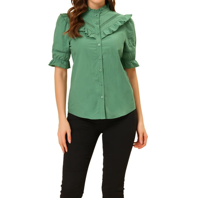Blusa de cuello alto con botones y volantes para mujer INSPIRE CHIC, de manga corta, color verde
