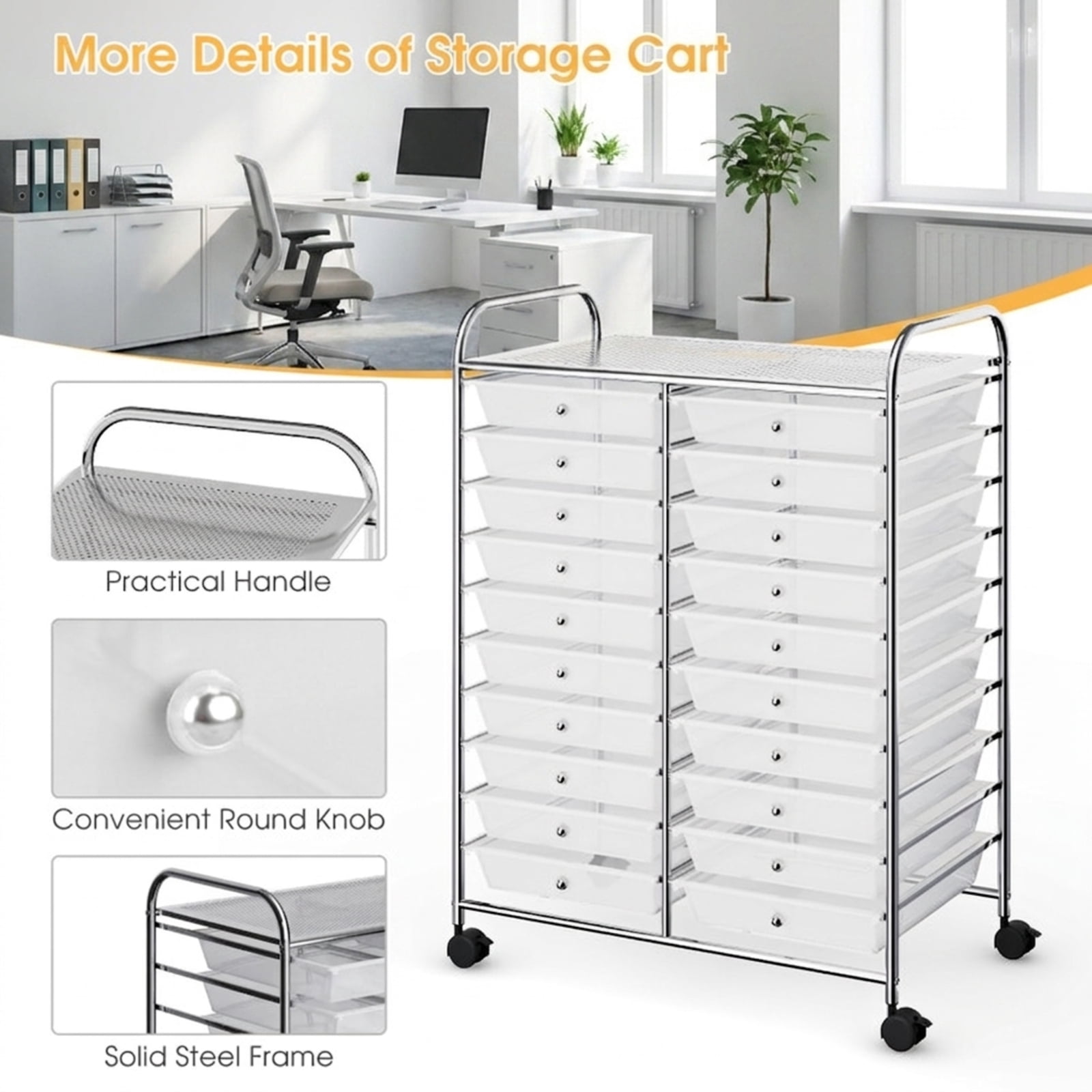 Furnibear Rolling Storage Cart with 20 Removable Drawers and Locking Wheels Metal Utility Cart Studio Organizer for Home Office Craft Room and Classroom, Transparent