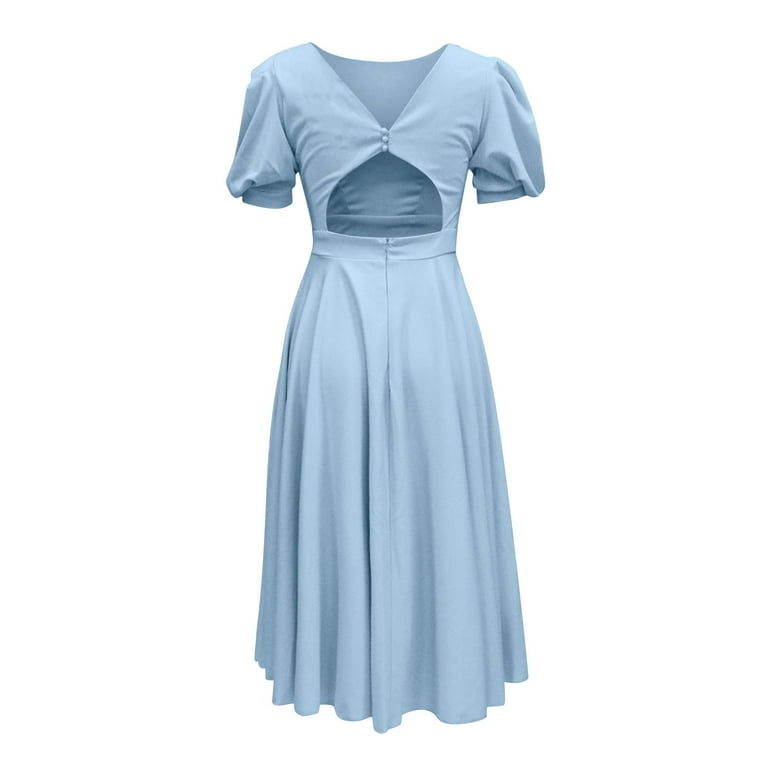 BEEYASO Clearance Summer Dresses for Women Solid Round Neckline A-Line  Mid-Length Sexy Short Sleeve Dress Light Blue S
