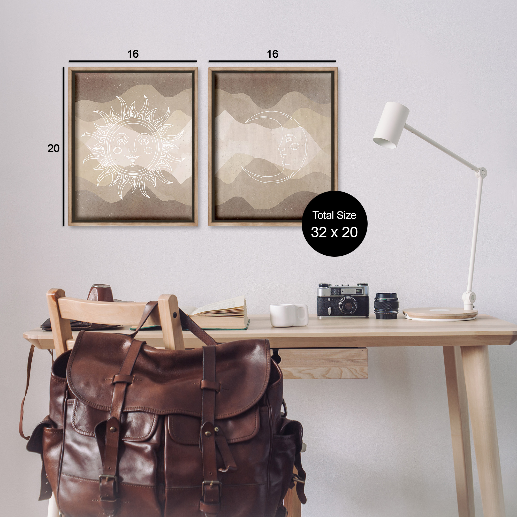 Stupell Industries Astral Boho Sun & Moon Landscape Painting Brown Floater Framed Canvas Art Print Wall Art, 17 x 21, Set of 2