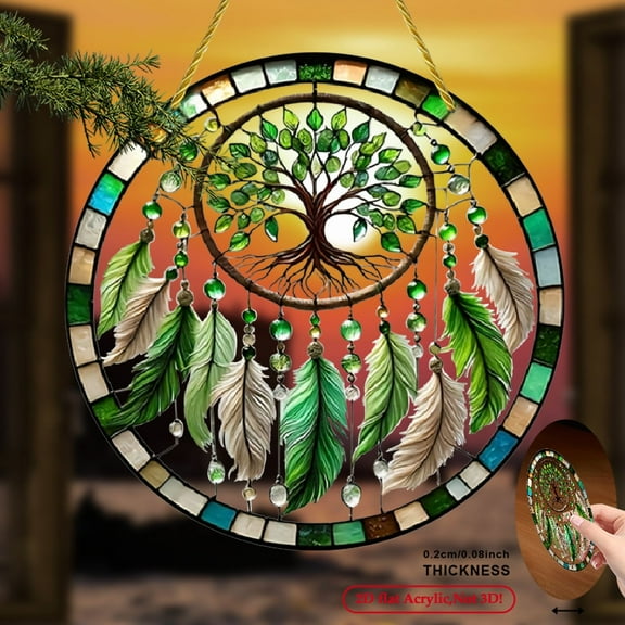 2D FLAT Tree of Life Dream Catcher 8inch x 8inch Acrylic Stained, Boho Wall Garden Decor, Perfect Gift for Women, Friends Family, IndoorOutdoor Use