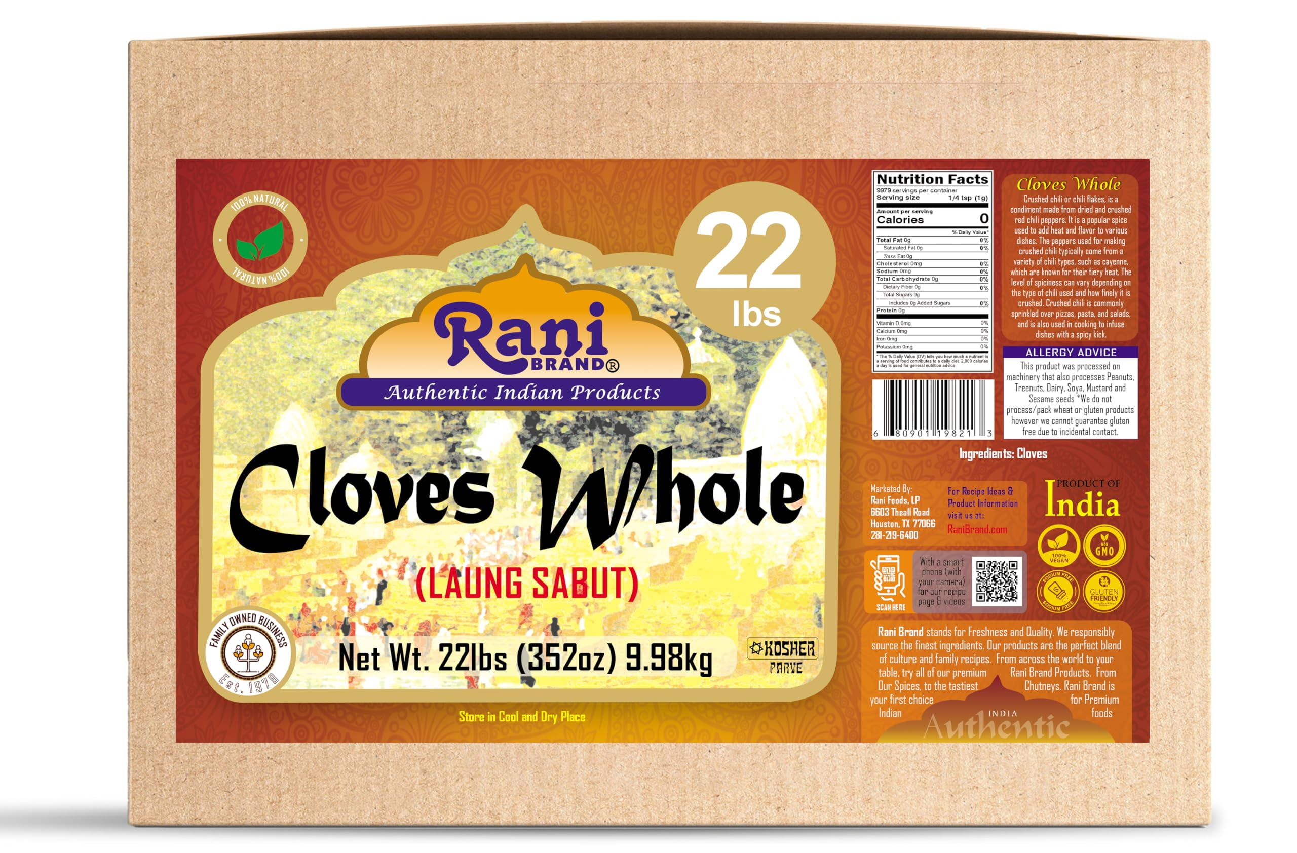 Rani Cloves Whole (Laung) 352oz (22lbs) 9.98kg, Bulk Box, Great for Food, Tea, Pomander Balls and Potpourri, Hand Selected, Spice ~ All Natural | NON-GMO | Vegan | Gluten Friendly | Indian Origin