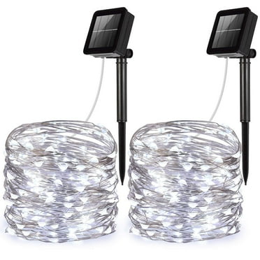 Solar Powered String Lights, 100 LED Copper Wire Lights, Starry String Lights, Indoor Outdoor Waterproof Solar Decoration Lights for Gardens, Home, Dancing, Party (White - Pack of 2)