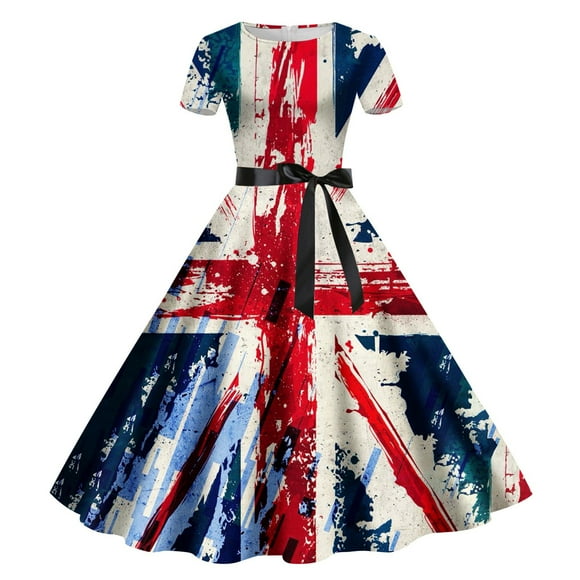 TSADFHJI Jean Skirts for Women Plus Size Women's Fashion Retro Spring and Summer Uk Independence Day Printed Short Sleeved Round Neck Lace up Casual Dress Xl Beige