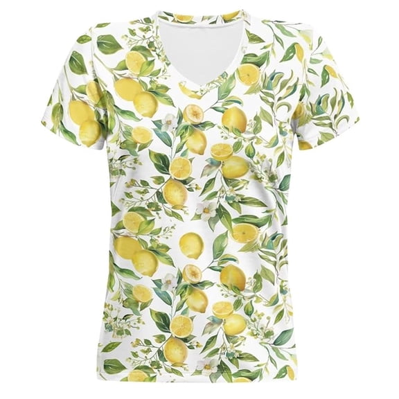 Trendfront Womens Lemon Fruit Graphic T Shirt All Over Summer Leaves Print V Neck Short Sleeve Tee Tropical Botanical Vacation Tops