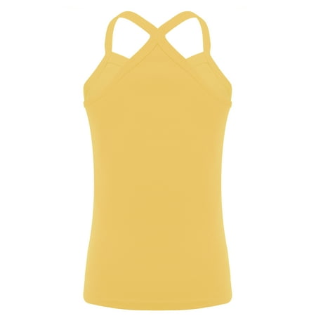 RUNQHUI Kids Girls Basic Camisole Cross Back Knit Tank Tops Spaghetti Straps Vest Sleeveless Sport Yellow 140