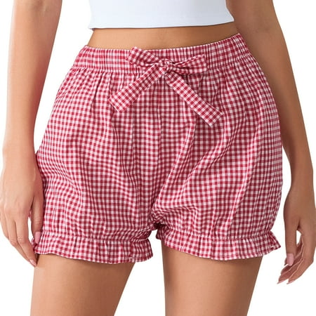 Generic Women s Y2k Gingham Boxer Shorts Low Rise Ruffle Trim Lounge Bloomers Cute Shorts