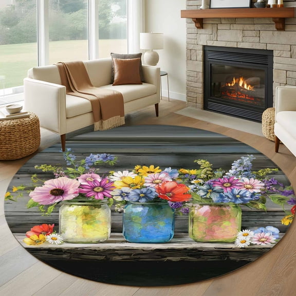 Round Area Rugs Collection 5 Ft, Spring Flowers Non-Slip Residential Carpet, Botanical Blooms Floral Painting Art Indoor Crawling Mats Runner Rugs for Living Room/Dining Room/Bedroom