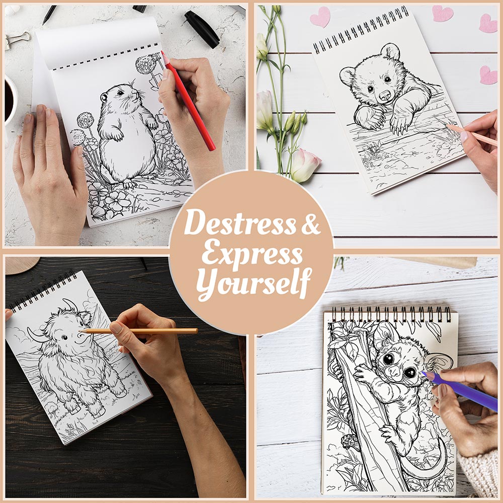 Netecom Cute Animals Coloring Book Spiral Bound for All Ages, A5 Wooden Cover, 30 Adorable Wildlife Coloring Pages in the Forest for Stress Relief and Relaxation