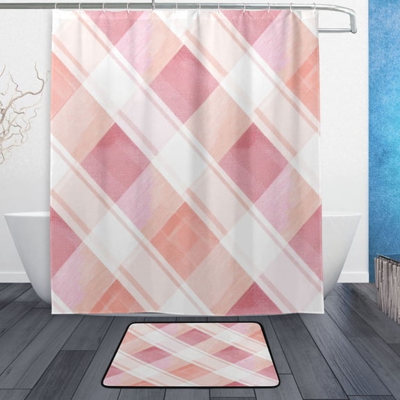 TTYFWHD 60" x 72" Shower Curtain and Bath Mat Set Watercolor Gingham Breeze Waterproof Bathroom Curtain with 12 Hooks, Bathroom Decor Set