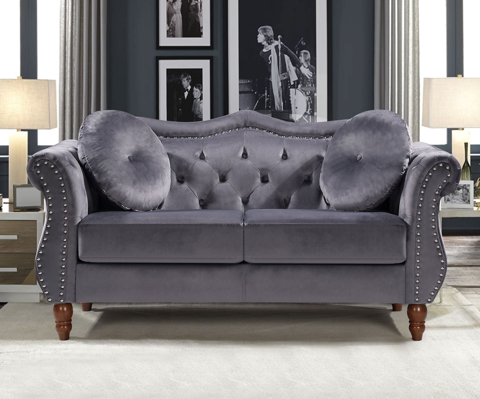 Uspridefurniture Tommy Chesterfield Velvet Loveseat,Gray