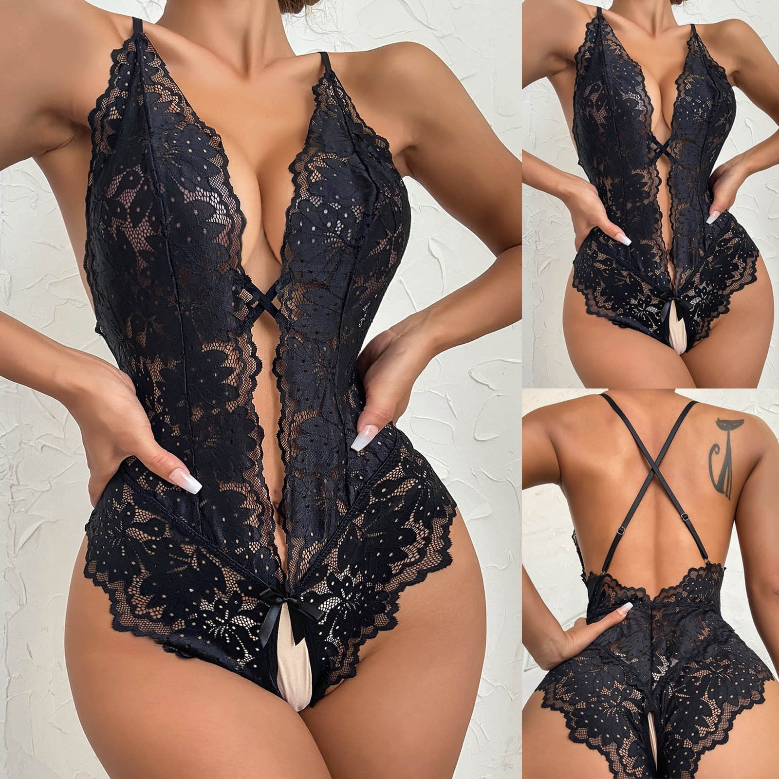 Plus Size Lingerie for Women Sexy Hollow Out Floral Lace Bodysuits Snap  Crotch Deep V Backless Teddy Babydoll Sleepwear