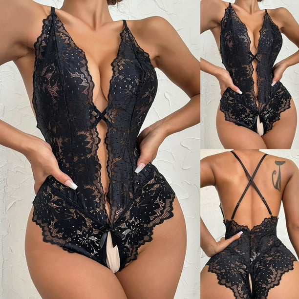 Women Snap Crotch Lingerie Sexy Lace Bodysuit Deep V Teddy Lace Loose  Nightgown (Pink, S) : : Clothing, Shoes & Accessories