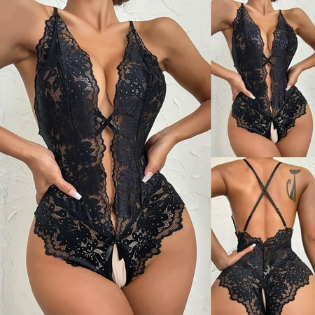 

B91xZ Lingerie For Women Women Snap Crotch Lingerie Lace Bodysuit Deep V Teddy Lace New Years Eve Lingerie for Women Black S