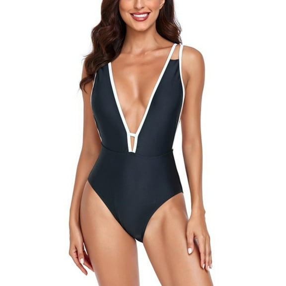 SWSMCLT Women's Plunge One Piece Swimsuit Beach Swimsuit Brazilian Bathing Suit One Piece Backless Padded Curvy Black Large
