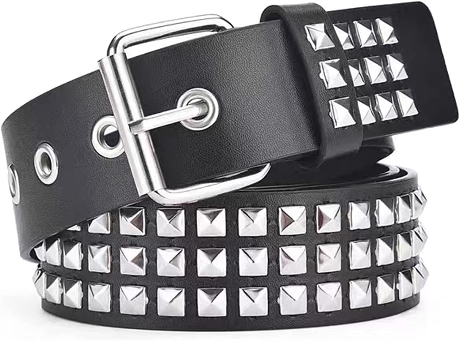 1253 Double Grommet Pu Leather Studded Waist Belt- Men Women Punk Goth Hole NONGFUGE 3 Row Studded Holes Grommet Faux Leather Belts for  main image 3