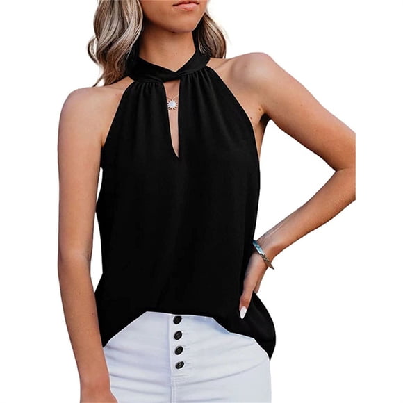 Women Sleeveless Blouse Casual Solid Color Shirt Beach Vacation Travel Club Dance Cool Clothing Daily Dressy Summer Top Black XXL