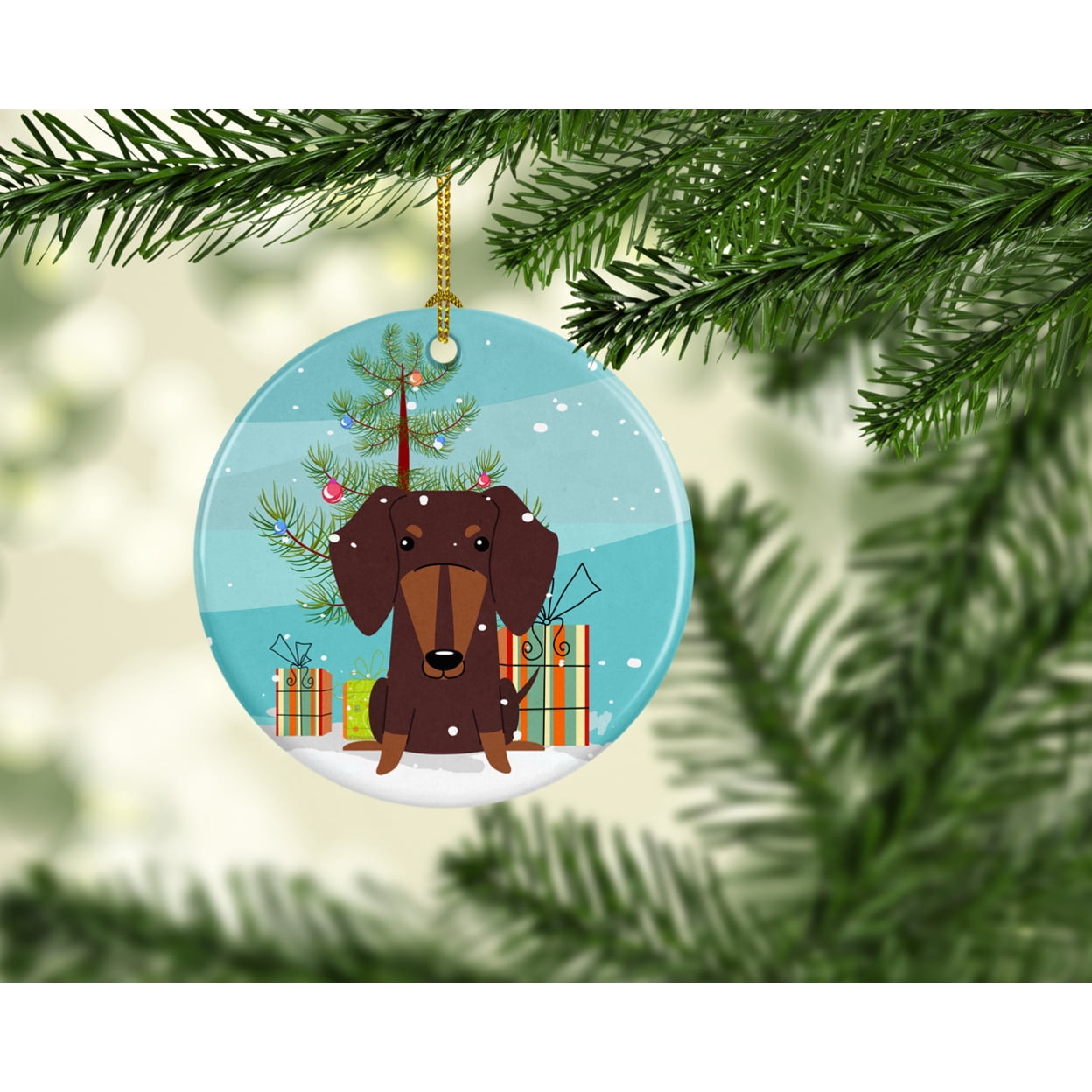 Carolines Treasures BB4256CO1 Merry Christmas Tree Dachshund Chocolate Ceramic Ornament 3 in multicolor