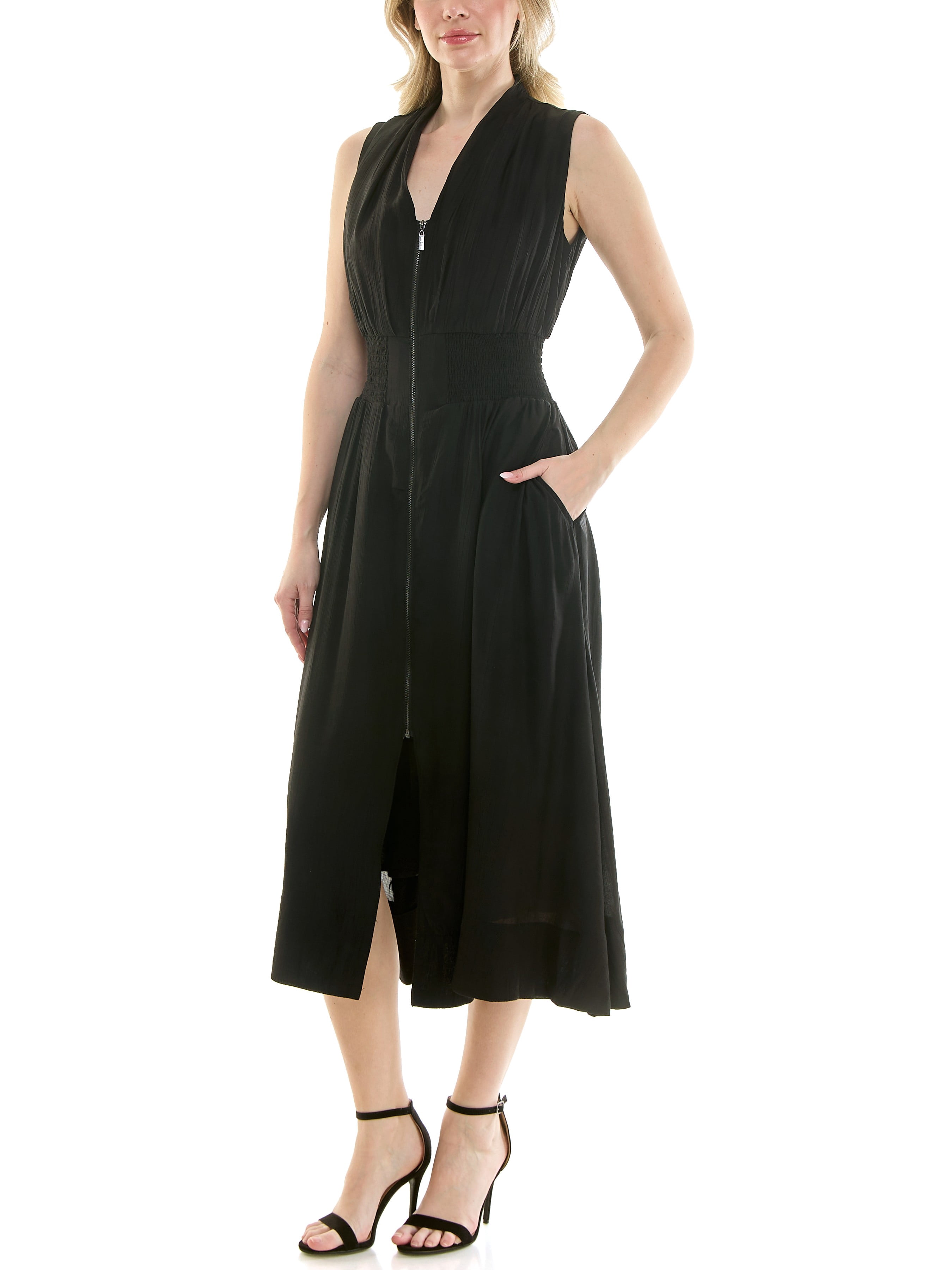 Sleeveless, V-Neck, smocked empire waist, zip front, fit & flare, midi dress in soft crinkle fabric,S-XL