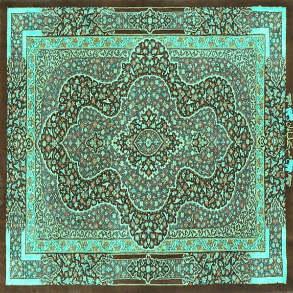 Ahgly Company Machine Washable Indoor Square Medallion Turquoise Blue Traditional Area Rugs, 4' Square