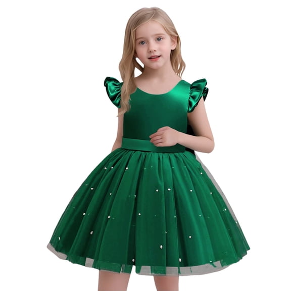 Girls Dresses,Party Dress Elegant Puffy Sleeves Tutu Formal Attire Girls Performance Gown for Celebrations Special Occasions Stage Shows and Festive Events,Holiday Dress,Green,7-8 Years