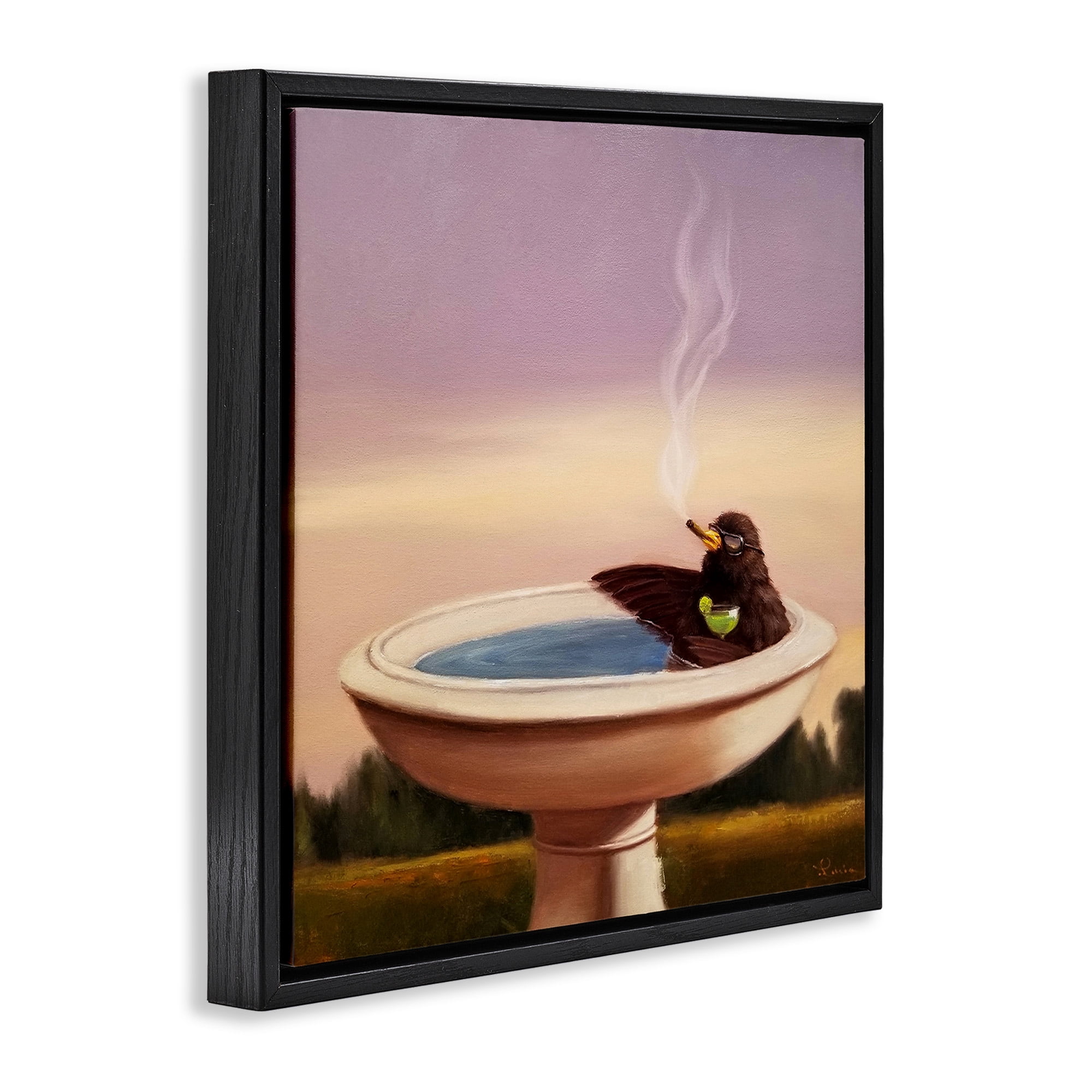 Stupell Industries Birdbath with Cocktail Humor Animals & Insects Painting Black Floater Framed Canvas Art Print Wall Art, 25 x 25