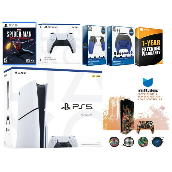 Sony Playstation 5 Slim Disc with Spider-Man: Miles Morales, Extra White Controller, Gamer Kit, Trigger Kit and MightySkins Decal Voucher 1 Year CPS Extended Warranty
