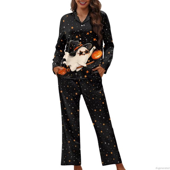 Qpednta Womens Halloween Pajamas Set 2 Piece Soft Breathable Ghost Pumpkin Pajama Pants Button Down Loungewear Elastic Waist Sleepwear for Women Home Life Fall