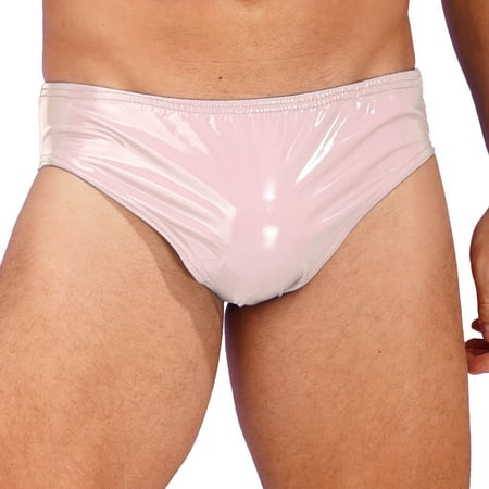 YONGHS Men Shiny Faux Leather Briefs Lingerie Low Rise Bulge Pouch Panties Underwear Pink XXL