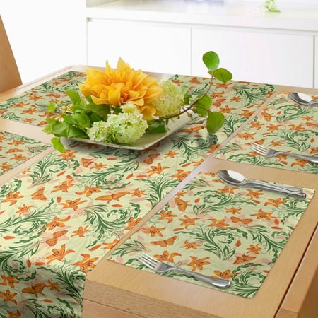 

Floral Table Runner & Placemats Repetitive Pattern Curved Flower Shaped Motifs and Butterflies Set for Dining Table Decor Placemat 4 pcs + Runner 12 x72 Cream Orange and Olive Green by Ambesonne