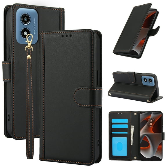 ELEHOLD Case for Moto G Play 4G 2024, Shockproof PU Leather Crossbody Wallet Stand Case with Credit Card Holder & Wrist Strap,Black