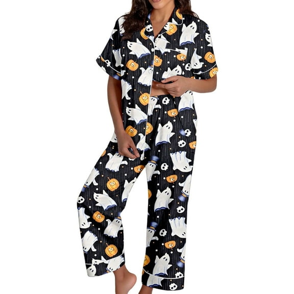 Halloween Pajamas Women Set Casual Relaxed Fit Lightweight Ghost Pumpkin Print Button down Short Sleeve with Pants Outfits Soft Comfy Sleepwear 2 Piece Lounge Set