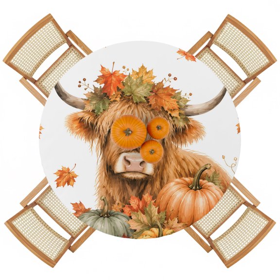 Farmhouse Highland Round Fitted Tablecloth with Elastic Edge,Waterproof Table Cloth Fits 36"-44" Tables,Wipeable Table Cover for Indoor Outdoor Dinning Party,Thanksgiving Pumpkin Fall Maple Leaf