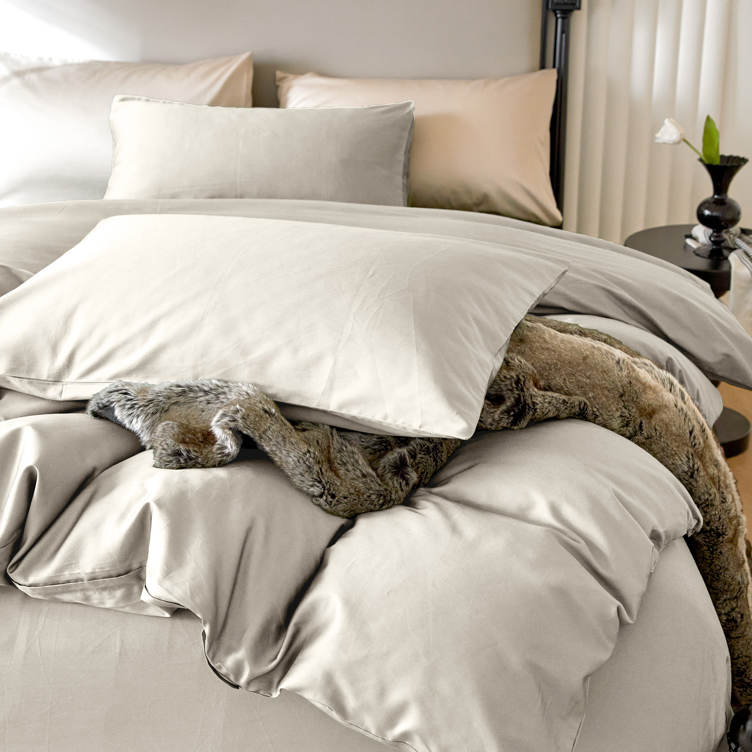 PURE ERA 100% Long Staple Cotton Duvet Cover Set 800 Thread Count Sateen Silky Soft Luxurious Smooth Beige Queen