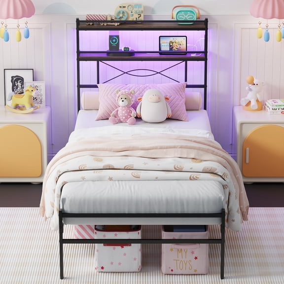 Mintazer Twin Size Power Outlet Metal Platform Bed Frame with 2-Tier Storage Headboard and LED Light for Girls Kids Teens Bedroom, Black
