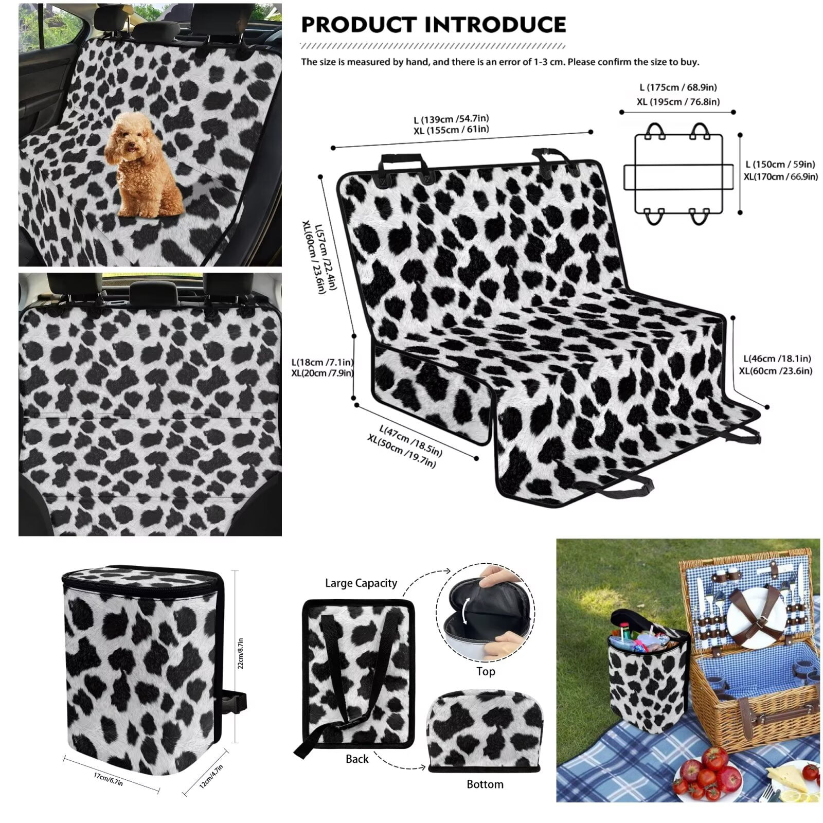 Garronmavis 3 PCS Car Seat Cover Dog Car Seat Cover for Back Seat Dog Bandanas Car Trash Bag Hanging Pet Car Seat Protection for Most Cars Trucks SUVs Black And White Cow Print