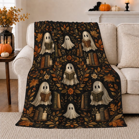 Ghosts Reading Books with Candles, Cozy Vintage Style for Book Lovers, Autumn Leaf Scene, Flannel Blanket for Sunroom and Reading Nook, Halloween Gift and Botanical Home Decor
